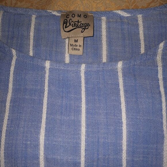 COMO Vintage Striped Blue White Dropped Shortsleeves Cotton Rayon Women's Top - Picture 2 of 8